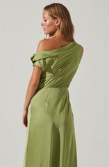 Green One Shoulder Flare Dress - This dress is ideal for a summer brunch. It emphasizes a one shoulder neckline that draws attention.