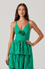 A woman is wearing a sleeveless, teal dress with thin spaghetti straps. The dress features eyelet embroidery with intricate cut-out patterns, a fitted waist, and a layered, ruffled skirt. The bodice has a decorative fabric flower at the center.