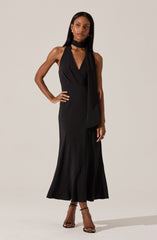 A woman is wearing a sleek, black sleeveless gown with a deep V neckline and a fitted waist. The dress features a long, flowing skirt that reaches the floor with subtle wave-like details. She has accessorized with a matching black choker and is wearing open-toed high heels with ankle straps.