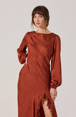 A woman is wearing a long, silky, rust-colored dress with a subtle floral pattern. The dress has long puffed sleeves with elastic cuffs, a round neckline, and a high slit in the front that reveals lace trimming at the hem.