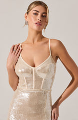 A woman is wearing a fitted, sleeveless dress with thin spaghetti straps. The dress features a deep V neckline and is covered in shimmering, light-colored sequins, creating a sparkly appearance. The bodice has structured panels, and the overall style is elegant and glamorous.