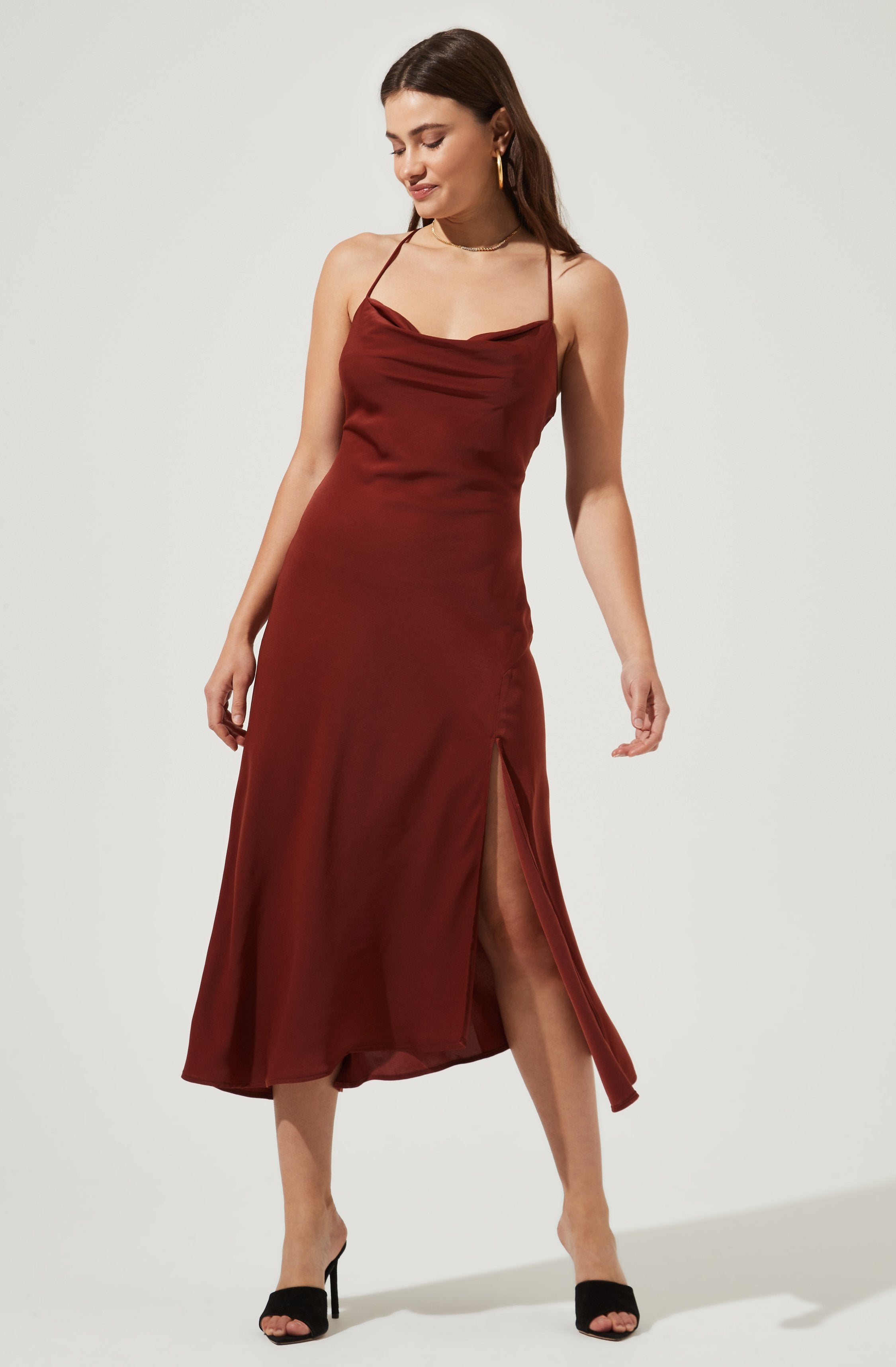 Brown Cowl Dress - This dress spells out pure class. It lays emphasis on a modish cowl neck.