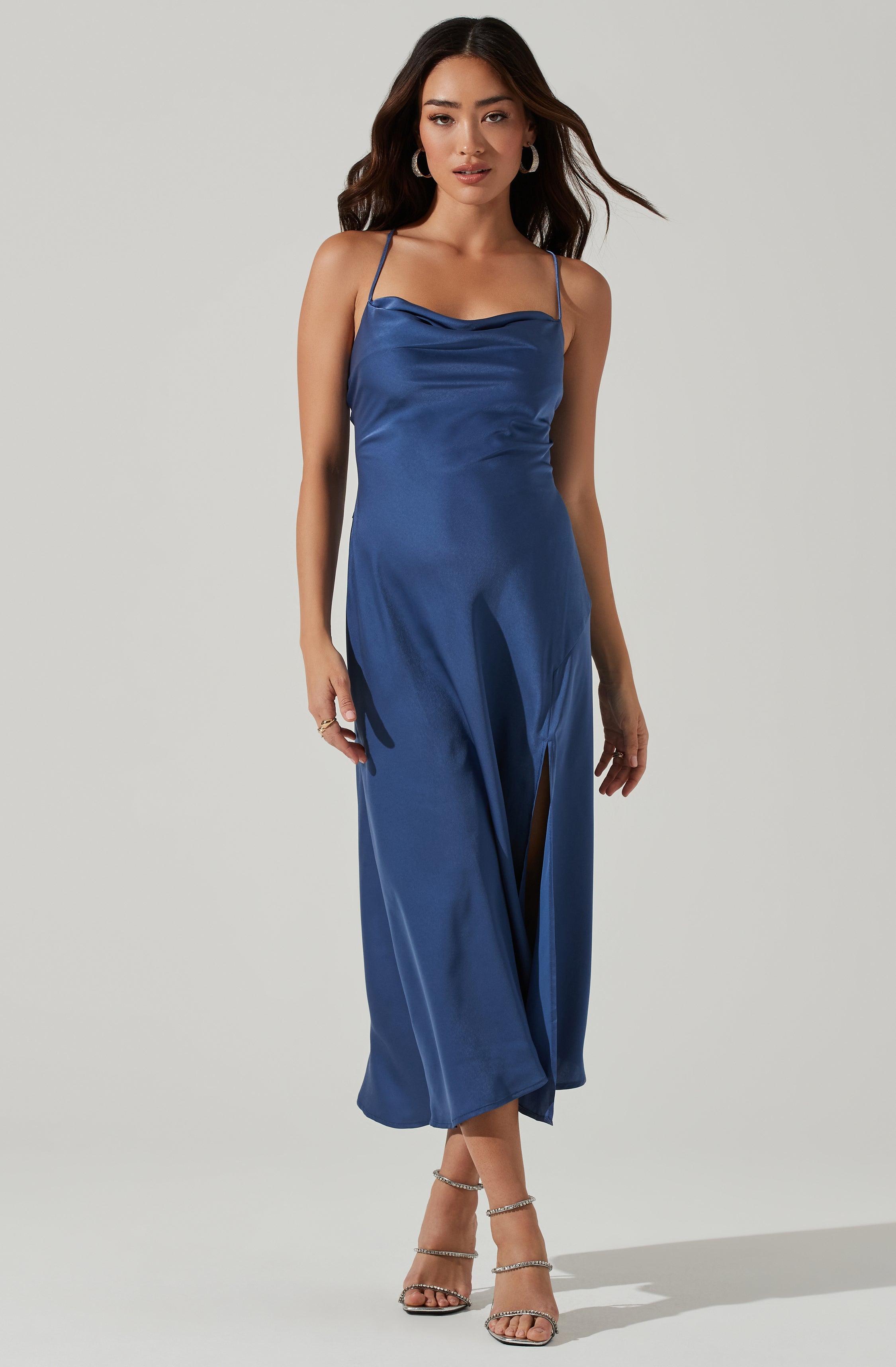Blue Cowl Dress - This dress spells out pure class. It lays emphasis on an enticing cowl neck. Team it up with accessories to match.
