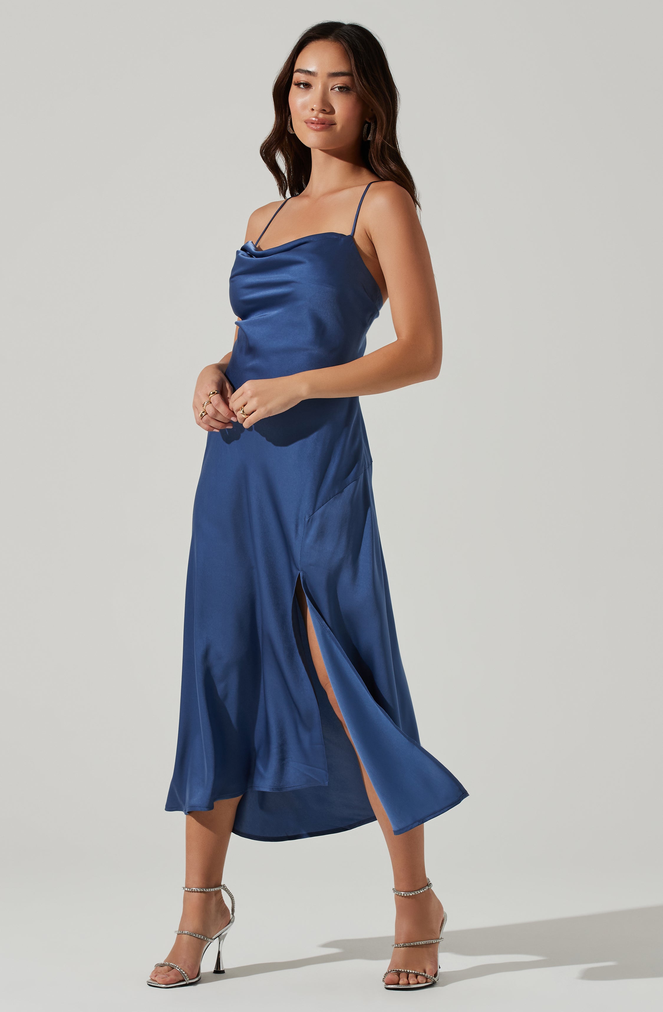 Blue Cowl Dress - This dress spells out pure class. It lays emphasis on an enticing cowl neck. Team it up with accessories to match.