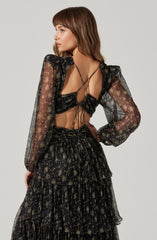 A woman is wearing a black, sheer, long-sleeved dress with a gold and silver speckled pattern. The dress features puffed sleeves, a cut-out back with thin straps crossing at the shoulders, and a tied detail at the back. The skirt has layered ruffles, creating a tiered look.