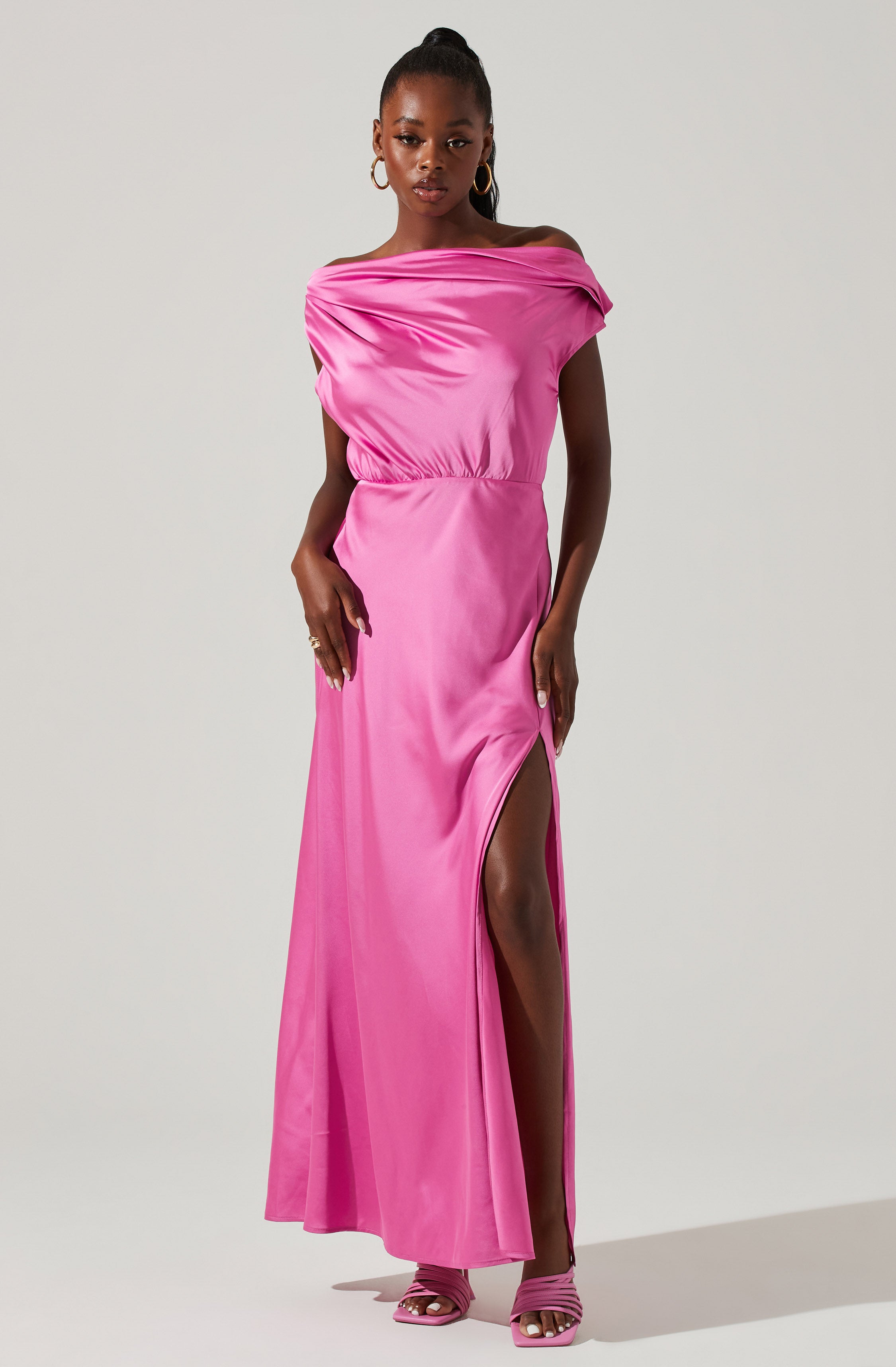 Pink Off-Shoulder Flare Dress - Keep the spotlight on you throughout the party, with this gorgeous piece. It showcases a sexy off-shoulder neckline.
