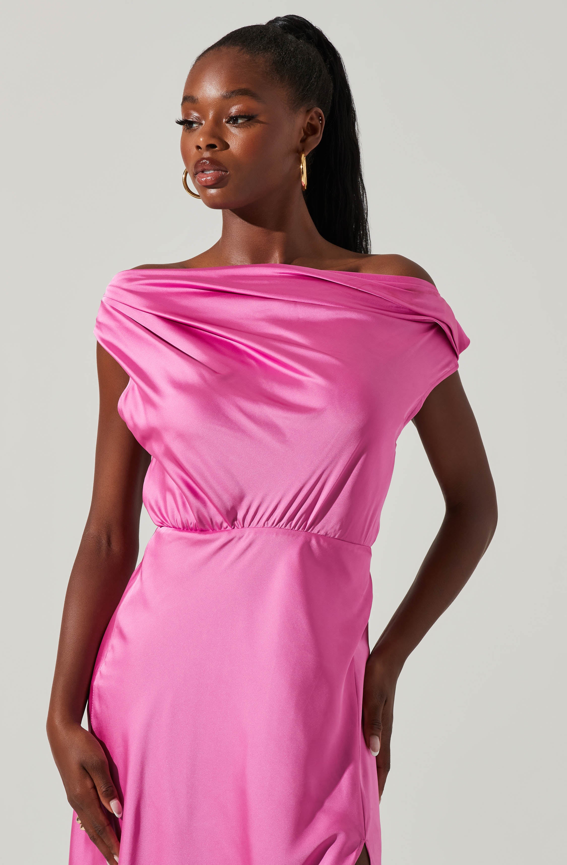 Pink Off-Shoulder Flare Dress - Keep the spotlight on you throughout the party, with this gorgeous piece. It showcases a sexy off-shoulder neckline.