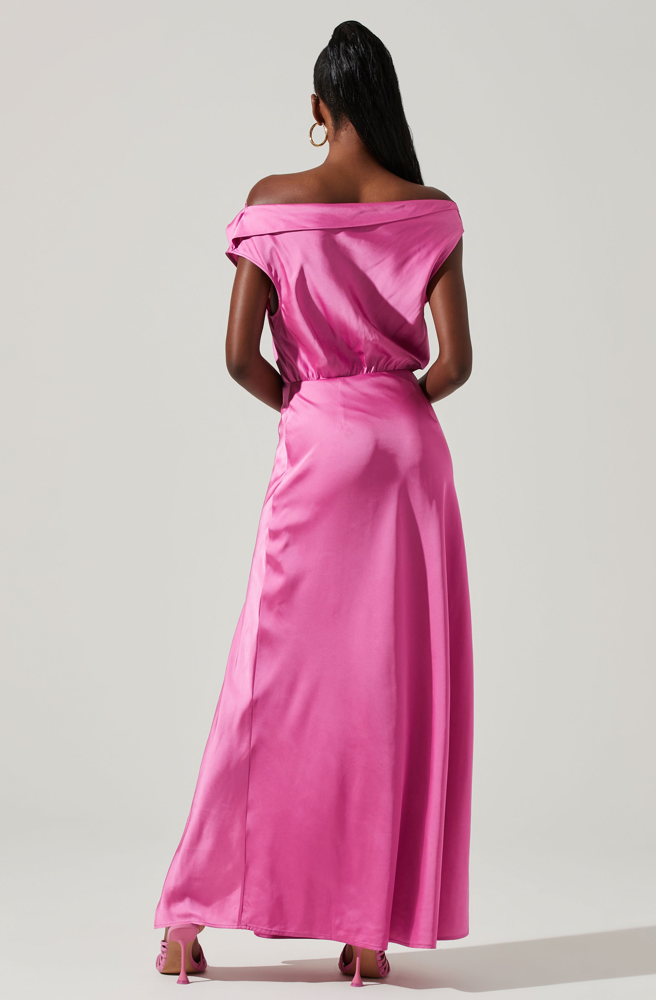 Pink Off-Shoulder Flare Dress - Keep the spotlight on you throughout the party, with this gorgeous piece. It showcases a sexy off-shoulder neckline.
