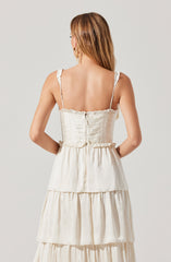 A woman is wearing a sleeveless, off-white, tiered dress with ruffle shoulder straps. The dress has a fitted, ruched bodice with a back zipper. The skirt features multiple gathered layers, creating a flowing, multi-tiered look.