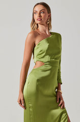 A woman wearing a shiny, lime green satin dress with an asymmetrical one-shoulder design. The dress features a cutout on the side of the waist and has a fitted silhouette. She accessorizes with large gold hoop earrings and a gold bracelet.
