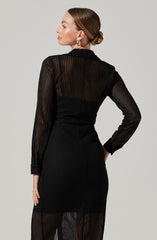 A woman is wearing a black, long-sleeved, see-through knit dress with a textured pattern. The dress features a collar and appears to be fitted at the waist, with a slightly longer length that reveals her legs through the sheer fabric. She has her hair styled in a low bun and is accessorized with earrings.