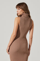 A woman is wearing a sleeveless, ribbed knit dress in a light brown color. The dress features a turtleneck collar and vertical ribbing that creates a fitted silhouette.