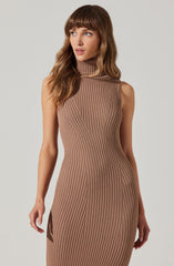 A woman is wearing a sleeveless, ribbed knit dress in a light brown color. The dress features a high turtleneck design and vertical ribbing throughout. The fit is body-hugging, accentuating her figure.