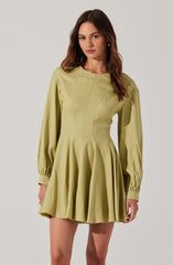 A woman is wearing a light green dress with long, puffed sleeves that are gathered at the wrists with cuffs. The dress has a fitted bodice with vertical seam details and a flared, pleated skirt that falls above the knees. The fabric appears to be smooth and slightly shiny.