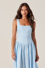 A woman is wearing a sleeveless light blue dress with a fitted bodice that features vertical seam details. The dress has a square neckline and a gathered, full skirt that falls to a midi or ankle length.