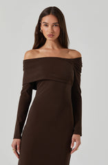 A woman wearing an off-the-shoulder, long-sleeved dress in a rich, dark brown color. The dress features a layered, wide neckline that drapes over her shoulders and upper arms, creating a sophisticated and stylish look. The fabric appears smooth and slightly stretchy, fitting her figure closely.