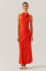 The woman is wearing a long, sleeveless, floor-length dress in a vibrant orange color. The dress features a high neckline with a soft, draped collar. She has accessorized with gold earrings, a gold bracelet, and is wearing strappy sandals.