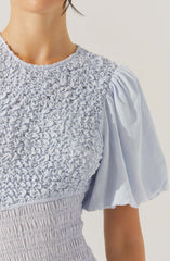 A close-up of a woman's upper body showing her wearing a light gray blouse with a high neckline. The blouse features a textured, ruched, and ruffled fabric on the front bodice, and has puffed short sleeves gathered at the shoulder. The fabric appears soft and lightweight.
