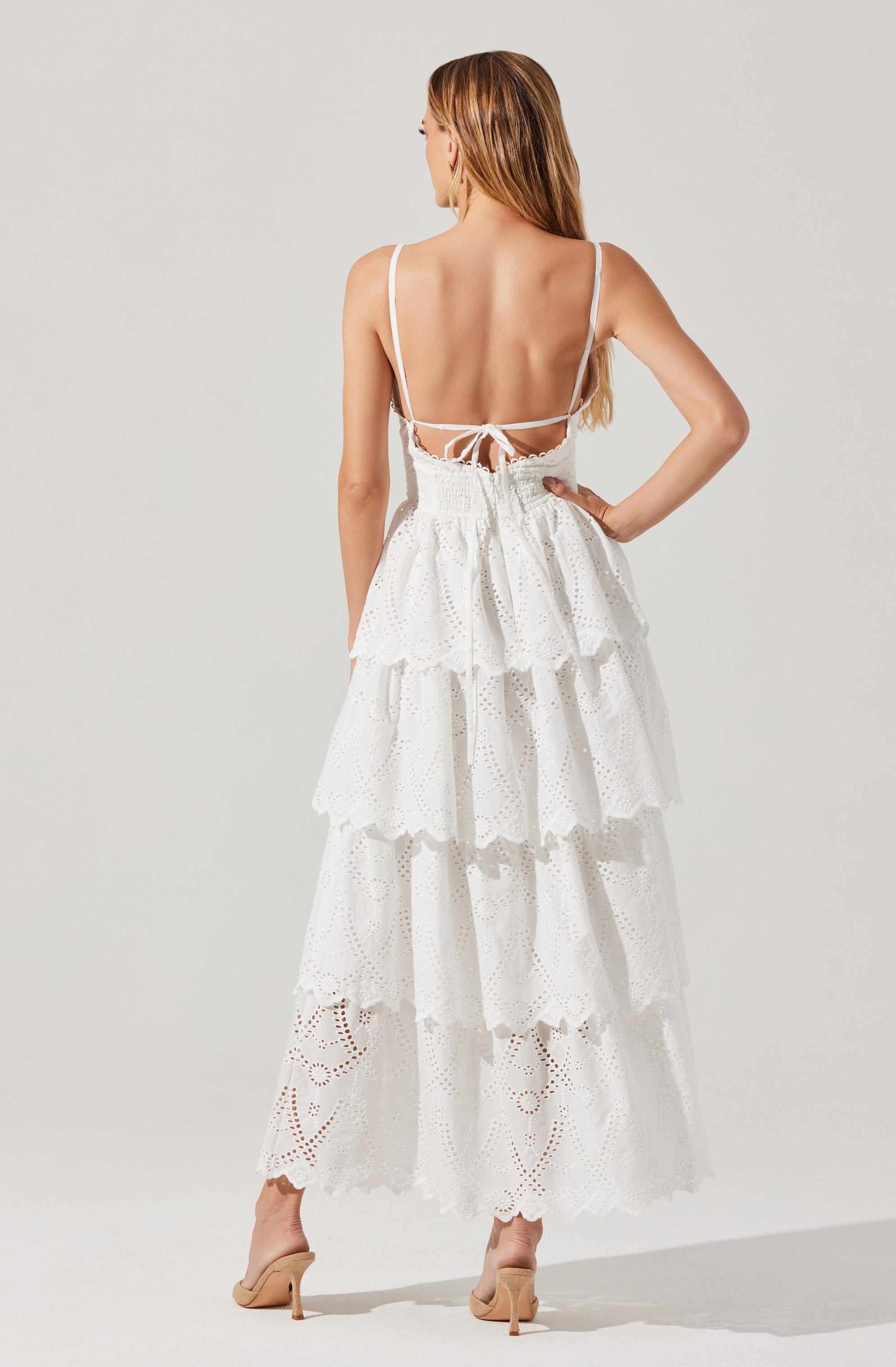 The dress features thin spaghetti straps and a back tie closure. The bodice is fitted, and the skirt has multiple layered ruffles made from a white eyelet fabric with floral cut-out patterns. The fabric is lightweight and slightly textured, creating a tiered effect. The dress is ankle-length, and the model is wearing nude high-heeled shoes.