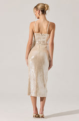 A woman is wearing a long, sequined, champagne-colored dress with thin spaghetti straps. The dress features a fitted bodice with a back zipper, and the fabric has a shiny, reflective quality.