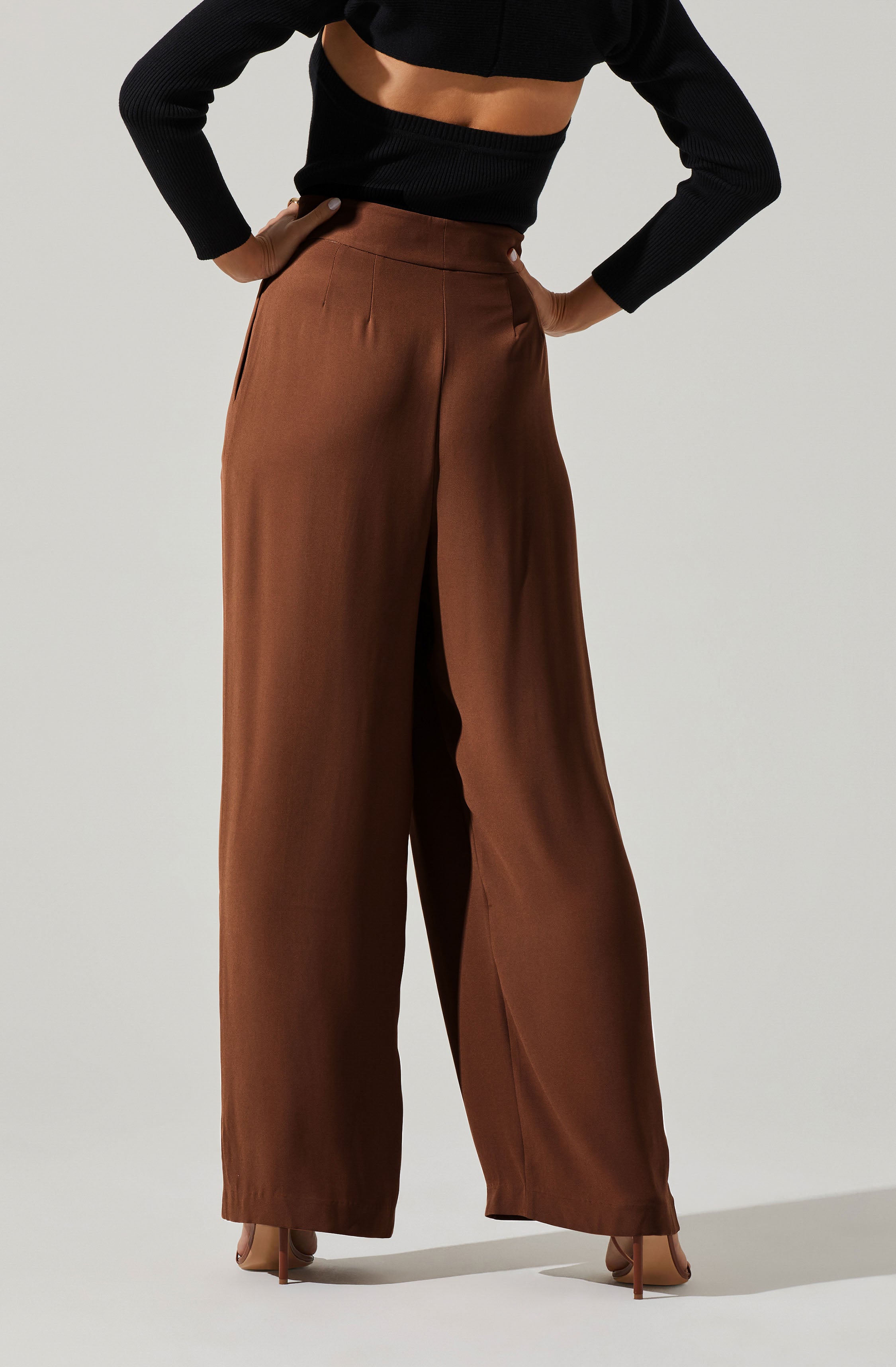 A person is wearing high-waisted, wide-leg brown trousers with a vertical seam down the front and a slight pleat at the waistband. The trousers have a smooth, satin-like finish. They are paired with nude pointed-toe heels. The person is also wearing a cropped black sweater with long sleeves, revealing part of their midriff.