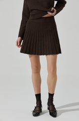 A person is wearing a dark brown, knitted sweater and a matching pleated skirt. They are also wearing sheer black ankle socks and black high-heeled shoes with ankle straps and gold buckles.