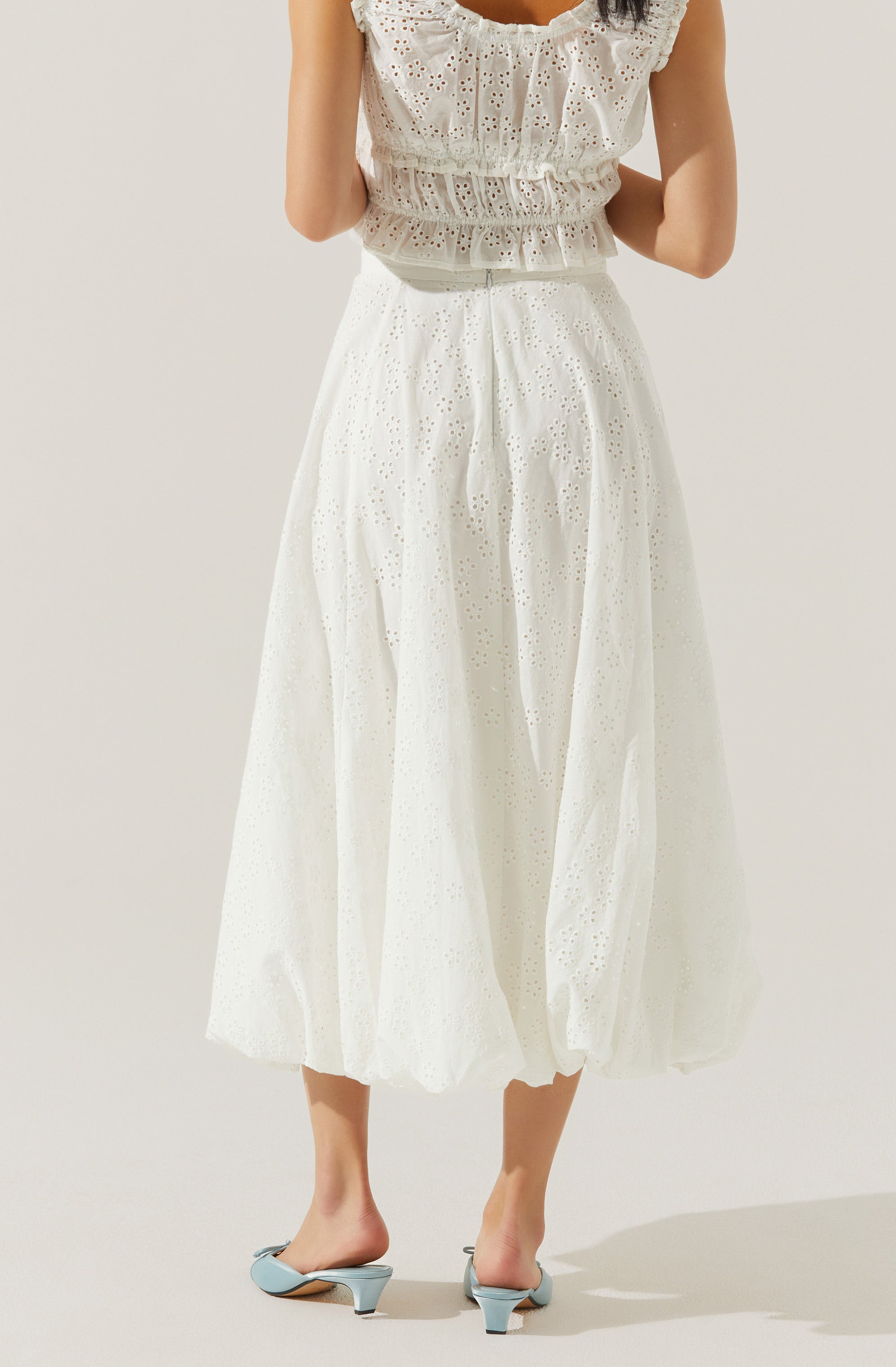 A woman is wearing a white eyelet dress with a sleeveless top featuring ruffled details and a gathered waist. The skirt is full-length, flowing, and also made of eyelet fabric, creating a soft, airy appearance. She is wearing light blue open-toe heels with a mid-height heel.