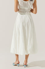 A woman is wearing a white eyelet dress with a sleeveless top featuring ruffled details and a gathered waist. The skirt is full-length, flowing, and also made of eyelet fabric, creating a soft, airy appearance. She is wearing light blue open-toe heels with a mid-height heel.