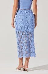A woman is wearing a light blue lace dress with a floral pattern. The dress has intricate floral lace detailing, and the hemline falls below the knees. The dress is semi-sheer with a lining underneath in the upper part and transparent lace pattern towards the bottom. She is also wearing white heeled sandals.