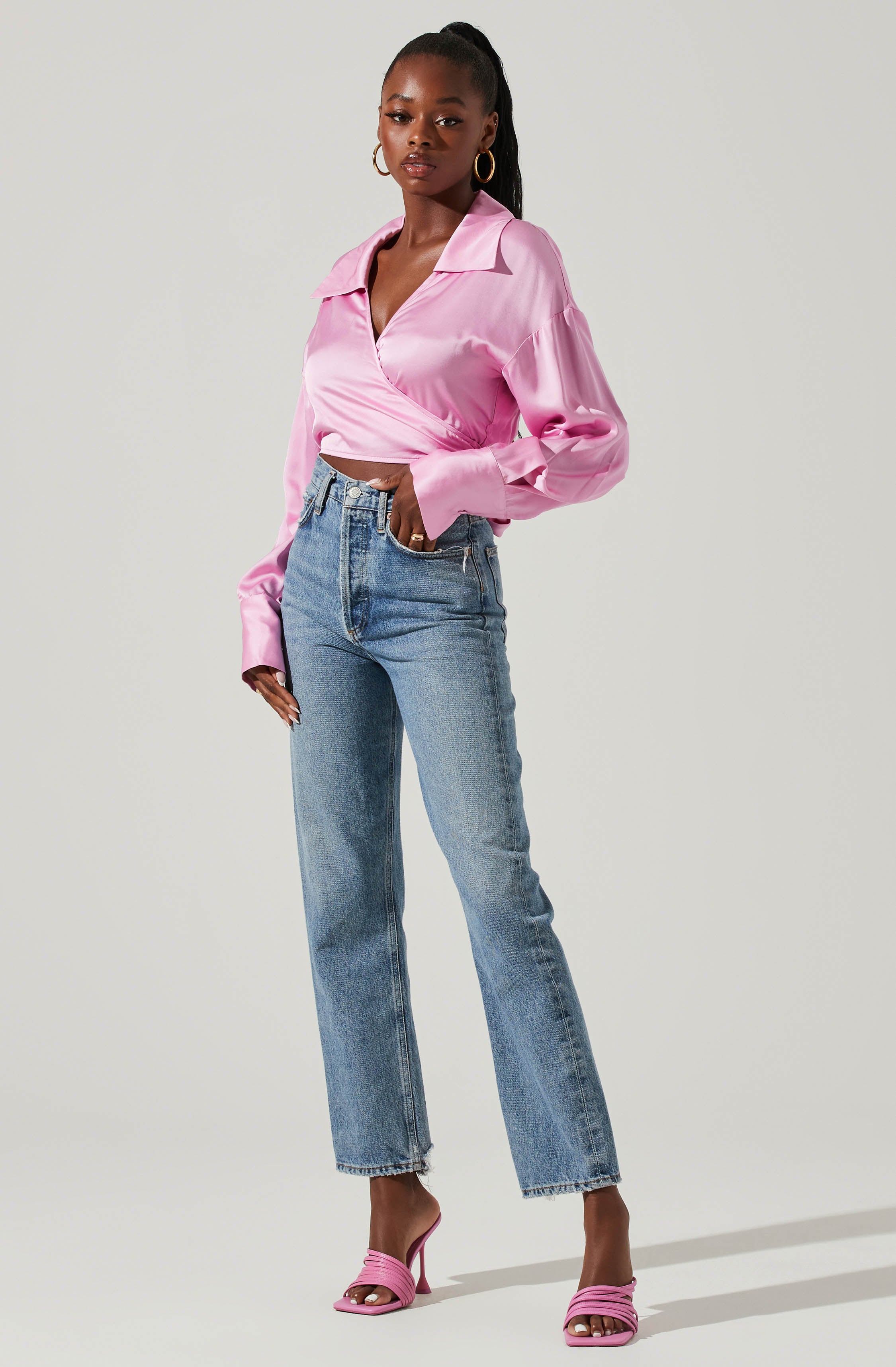 Black Split Neck Crop Blouses/Bralette - This is an outfit that easily goes from morning coffee to post-work happy hour. It showcases a neckline that works well with the silhouette.