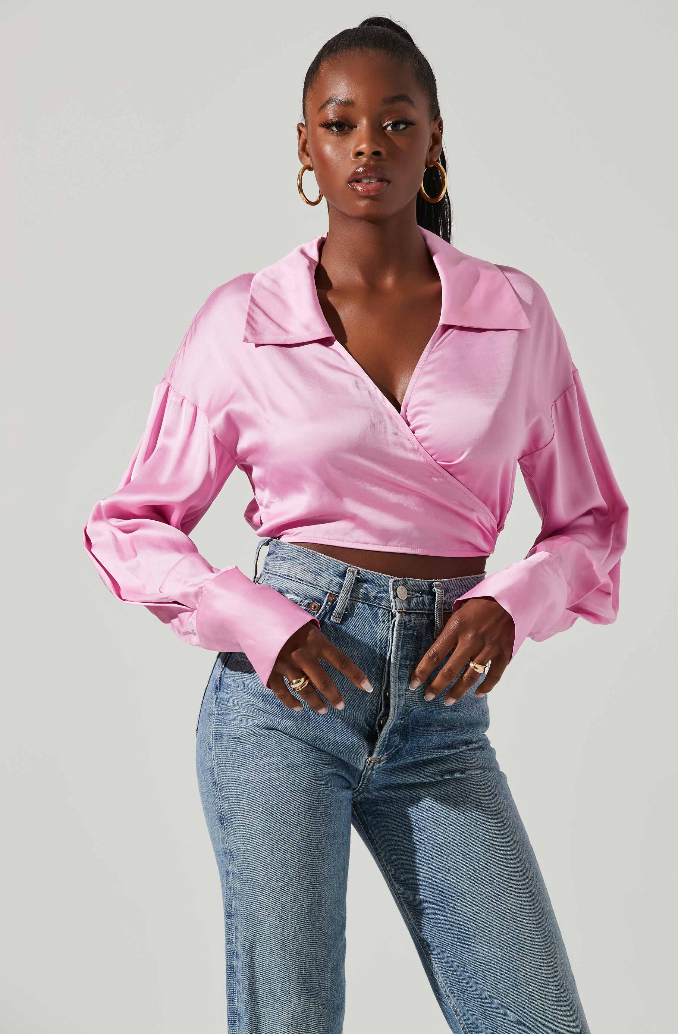 Black Split Neck Crop Blouses/Bralette - This is an outfit that easily goes from morning coffee to post-work happy hour. It showcases a neckline that works well with the silhouette.
