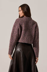 A woman is wearing a textured, fuzzy sweater in a mix of purple, pink, and brown tones. The sweater has a high neckline and long sleeves. She pairs it with a high-waisted, dark brown leather skirt that has a glossy finish.