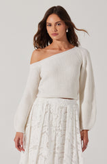A woman is wearing an off-the-shoulder, cream-colored knit sweater with a ribbed pattern. The sweater has long, slightly puffed sleeves and is cropped at the waist. She pairs it with a high-waisted, white lace skirt that features a delicate floral pattern and a flowing silhouette.