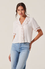 A woman is wearing a white, short-sleeved blouse with lace trim on the collar, sleeves, and down the front. The blouse has a relaxed fit and features a notched collar. She is also wearing light-wash, high-waisted jeans.