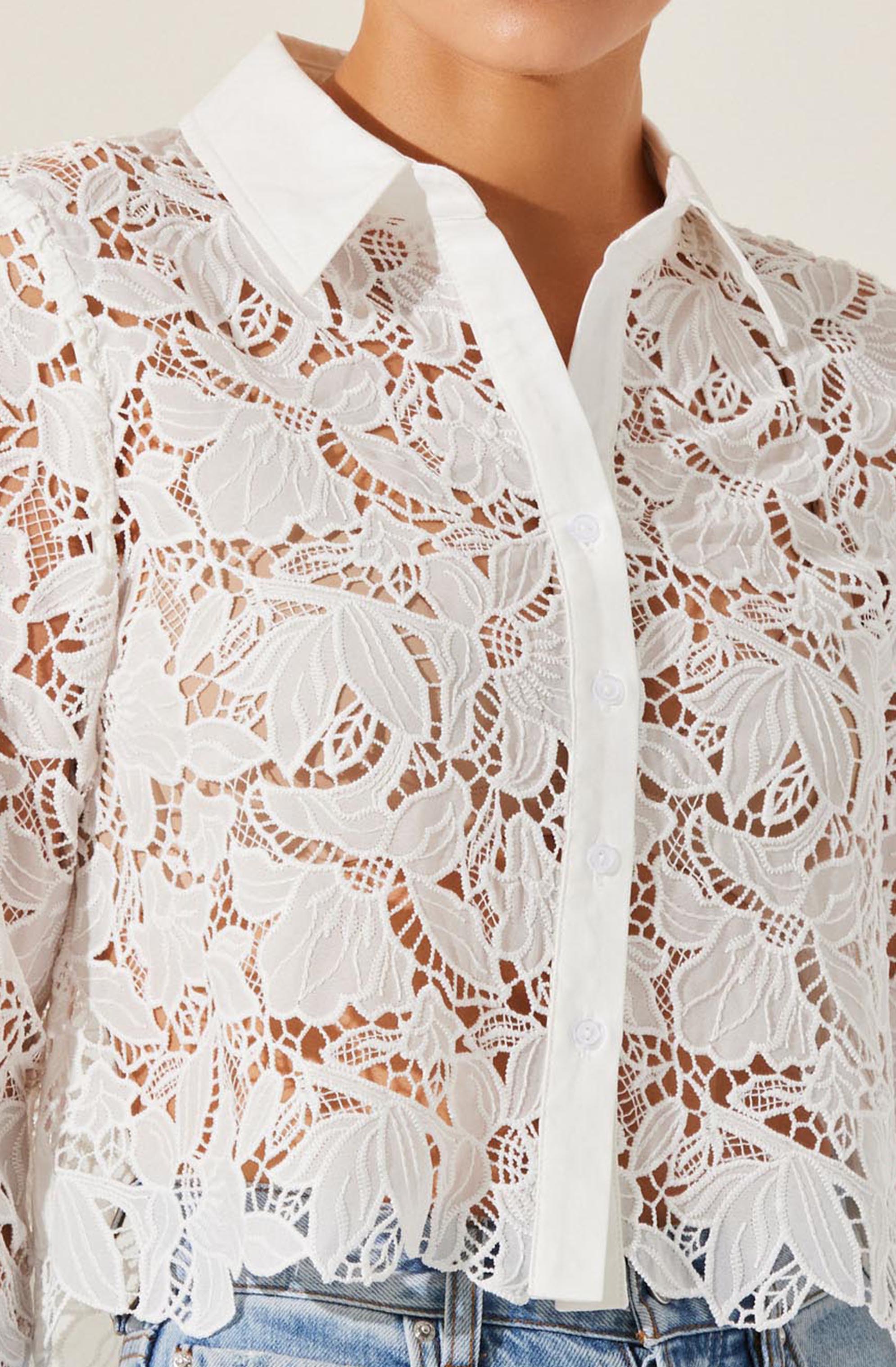 A white, long-sleeved button-up shirt featuring an intricate, floral lace pattern throughout. The shirt has a classic pointed collar and white buttons down the front. The lace design varies with leaves and flowers, creating a semi-transparent look. The shirt is paired with light blue jeans.