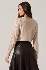 A woman is wearing a beige sweater with a textured, raised floral pattern on the shoulders and a diamond-shaped quilted pattern on the sleeves. The sweater has a round neckline and ribbed cuffs. She is also wearing a high-waisted, dark brown, shiny leather skirt with visible stitching details.