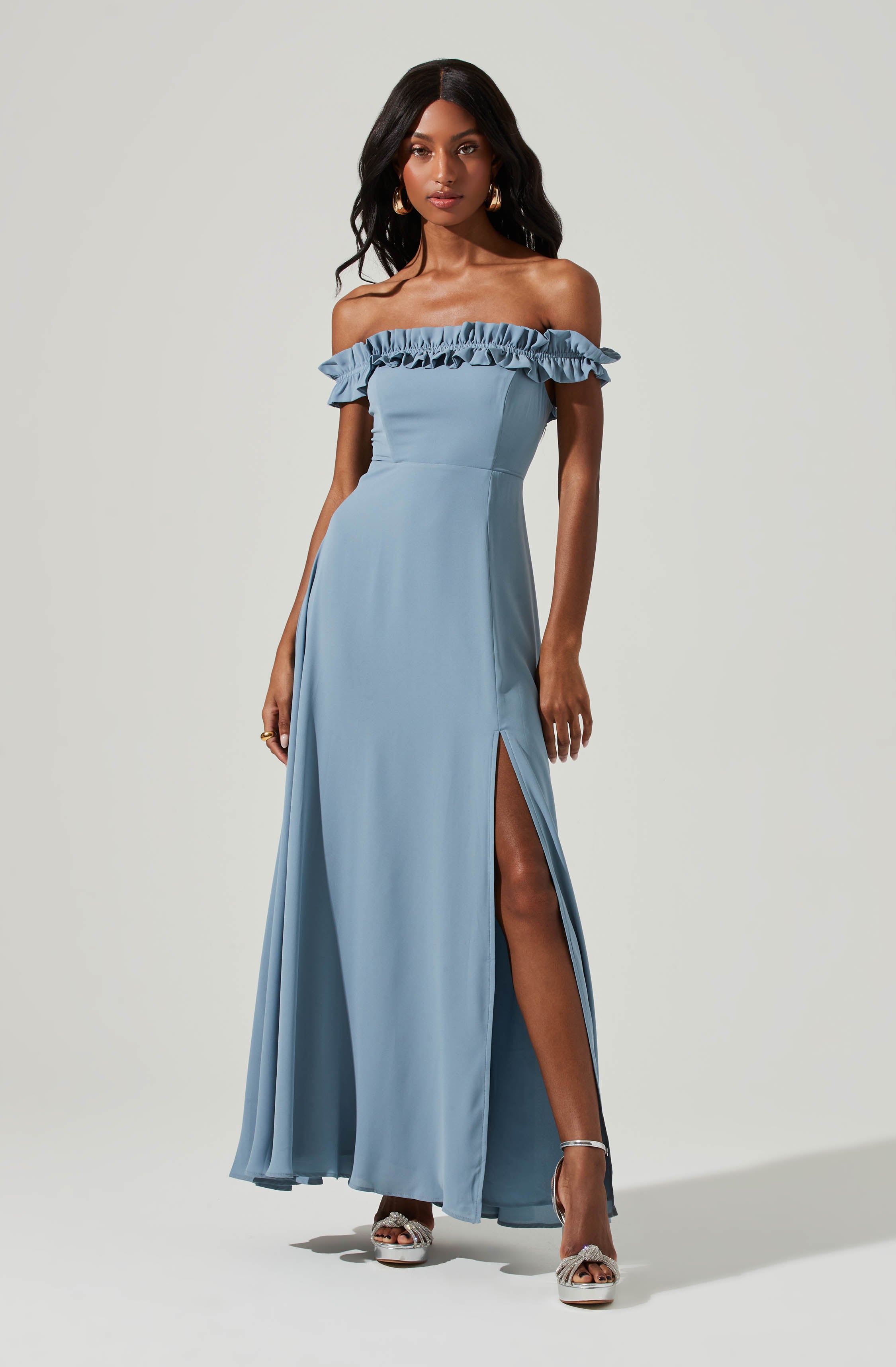 Blue Off-Shoulder Flare Dress - This one has a classic style to it that's great for special occasions and events. It emphasizes an off-shoulder neckline that has a fun, flirty vibe to it.