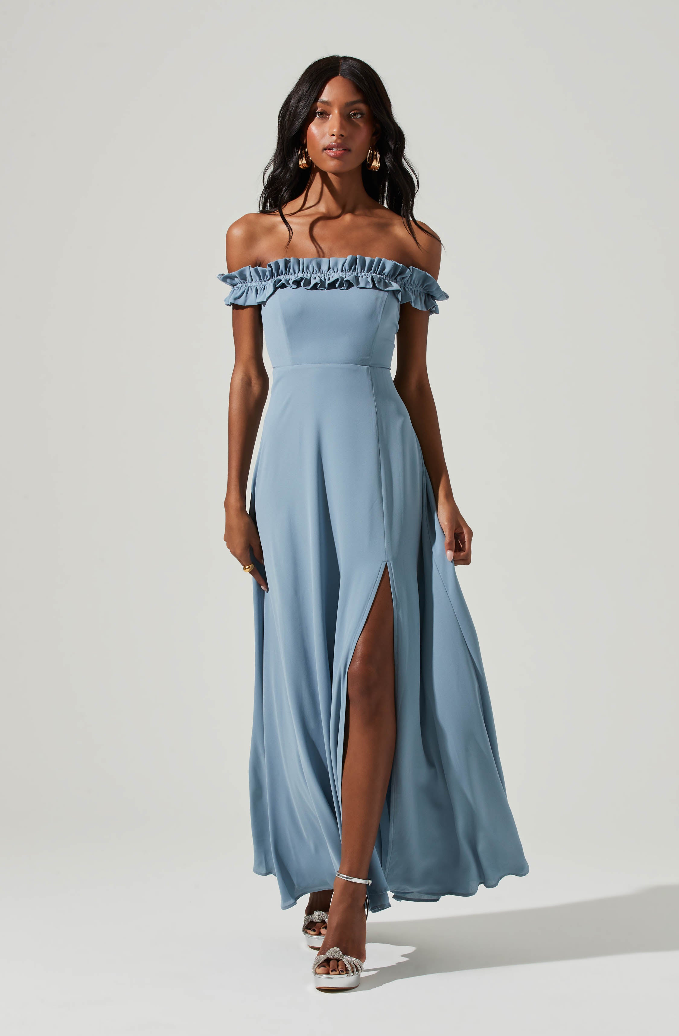 Blue Off-Shoulder Flare Dress - This one has a classic style to it that's great for special occasions and events. It emphasizes an off-shoulder neckline that has a fun, flirty vibe to it.