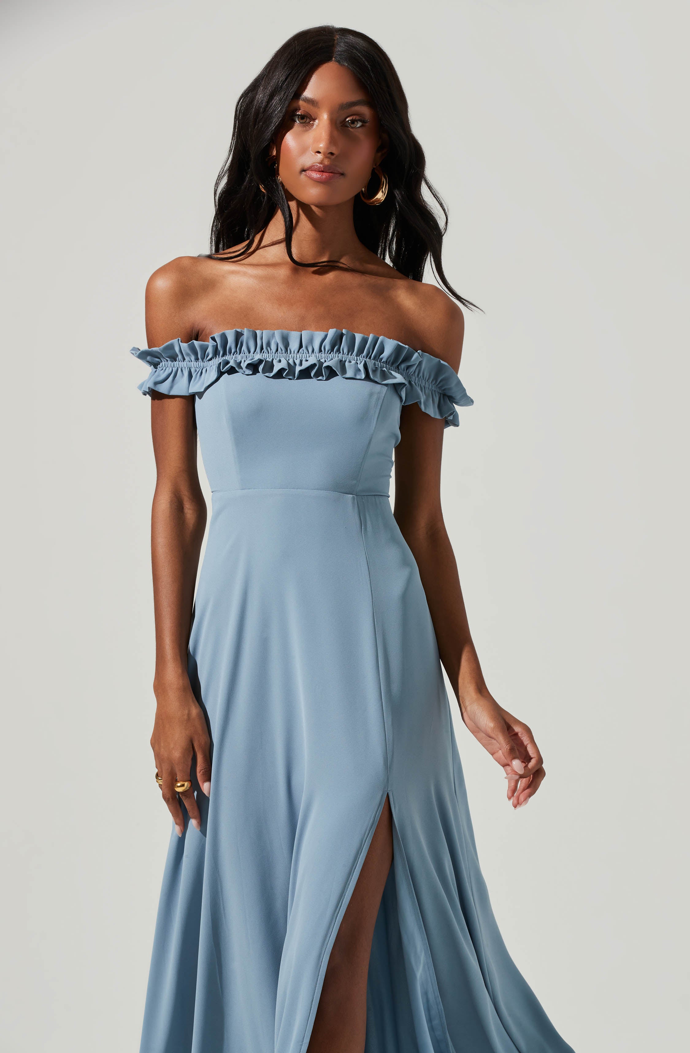 Blue Off-Shoulder Flare Dress - This one has a classic style to it that's great for special occasions and events. It emphasizes an off-shoulder neckline that has a fun, flirty vibe to it.