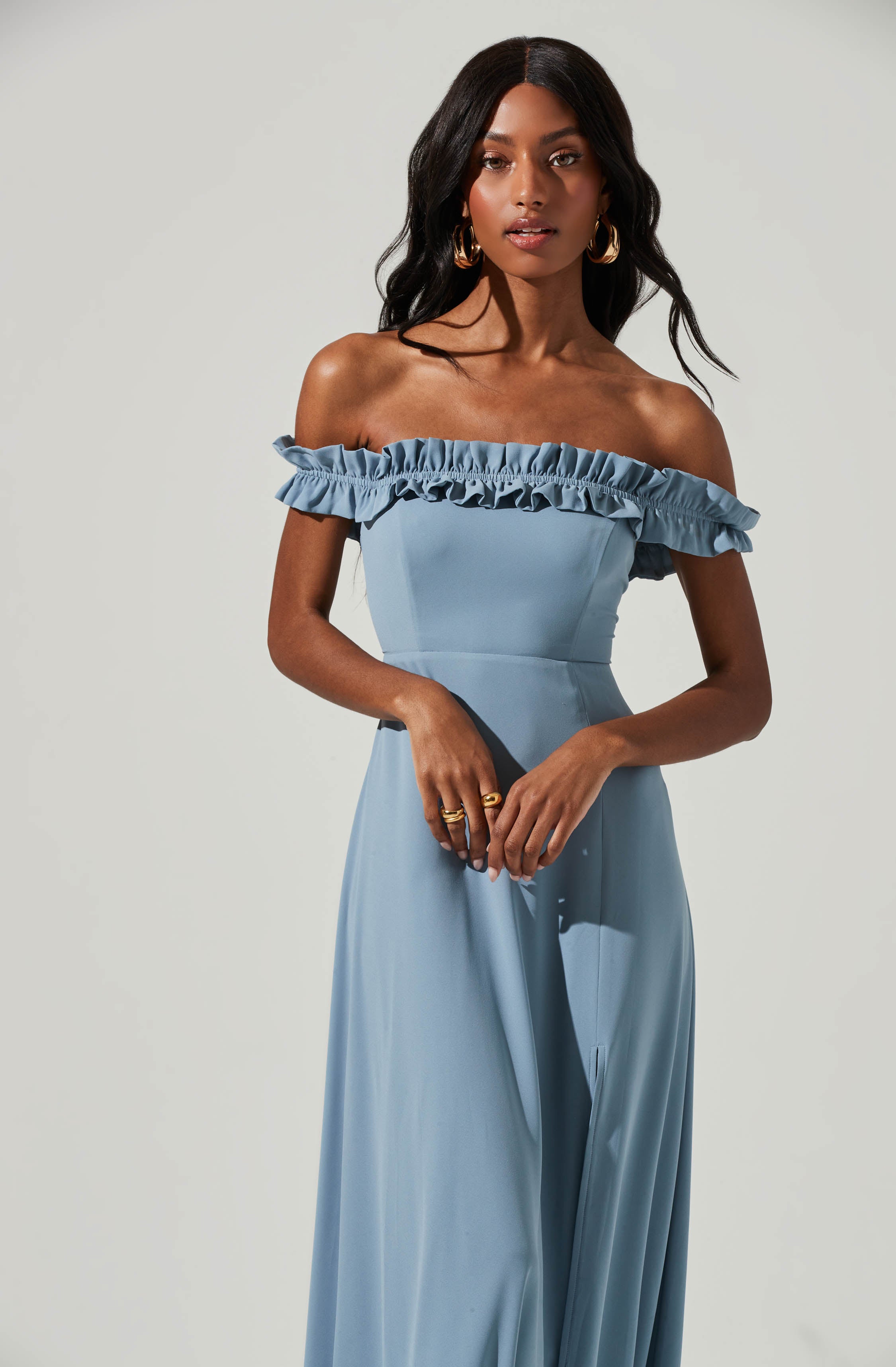 Blue Off-Shoulder Flare Dress - This one has a classic style to it that's great for special occasions and events. It emphasizes an off-shoulder neckline that has a fun, flirty vibe to it.