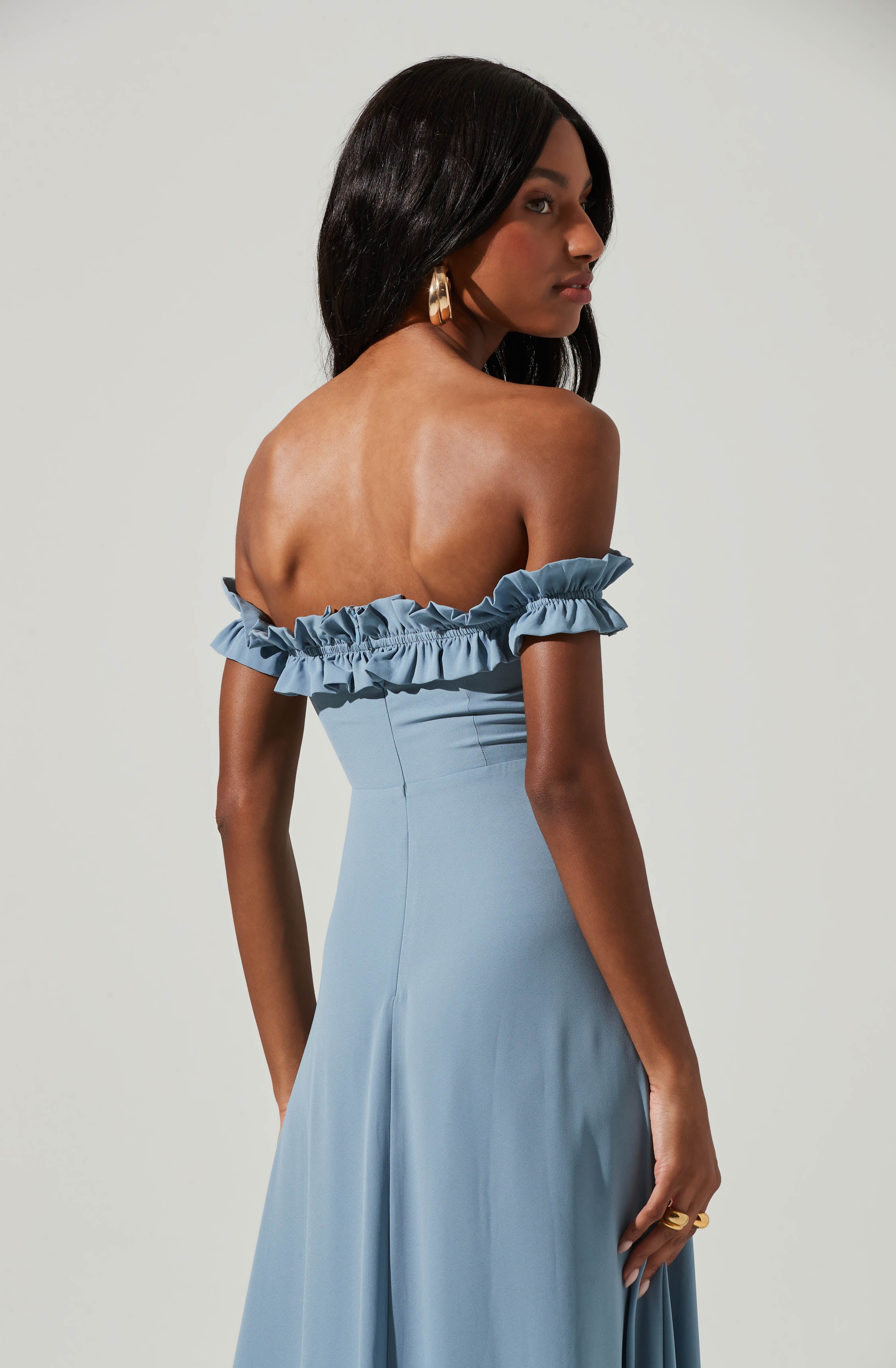 Blue Off-Shoulder Flare Dress - This one has a classic style to it that's great for special occasions and events. It emphasizes an off-shoulder neckline that has a fun, flirty vibe to it.