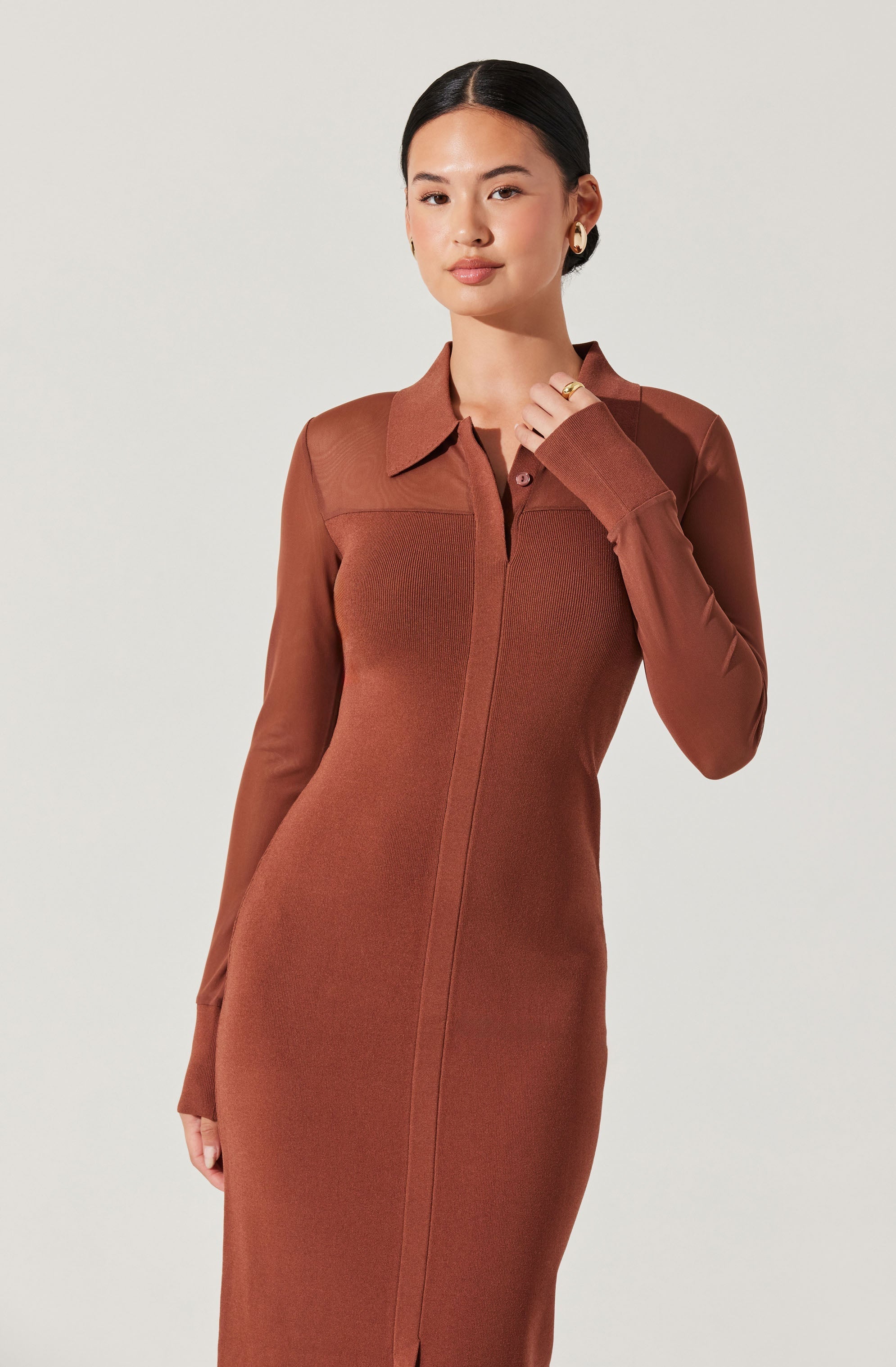 A woman is wearing a fitted, long-sleeved dress in a warm, rust-brown color. The dress features a classic collar, a front zipper closure, and a subtle seam detail running lengthwise down the front. The sleeves are made from a slightly different fabric than the body, adding a contrasting texture. The dress has a sleek, minimalist design that accentuates the woman's figure.