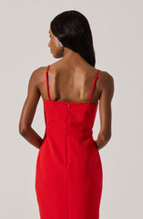 A woman is wearing a form-fitting, sleeveless red dress with thin spaghetti straps. The dress has a zipper at the back and a smooth, elegant fabric.