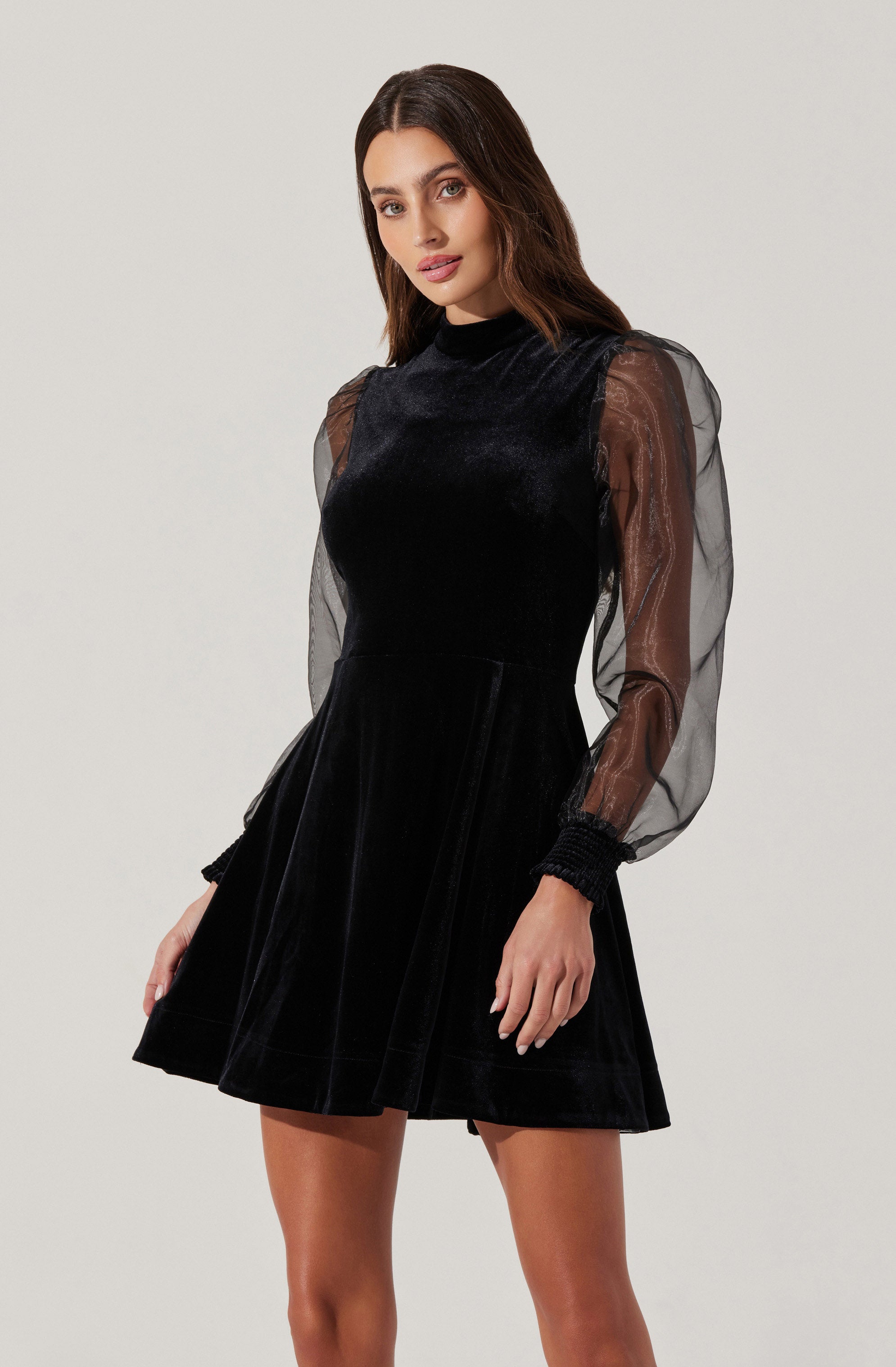 A woman is wearing a black velvet dress with sheer, long puffy sleeves. The dress has a high neckline and a fitted bodice, flowing into a flared skirt. The sheer sleeves are slightly puffed at the shoulders and have gathered cuffs.