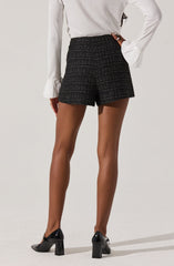 A person is wearing high-waisted, black shorts with a textured, checkered pattern. They have paired the shorts with a long-sleeved, white blouse that features ruffled cuffs at the wrists. They are also wearing shiny black high-heeled shoes with ankle straps.