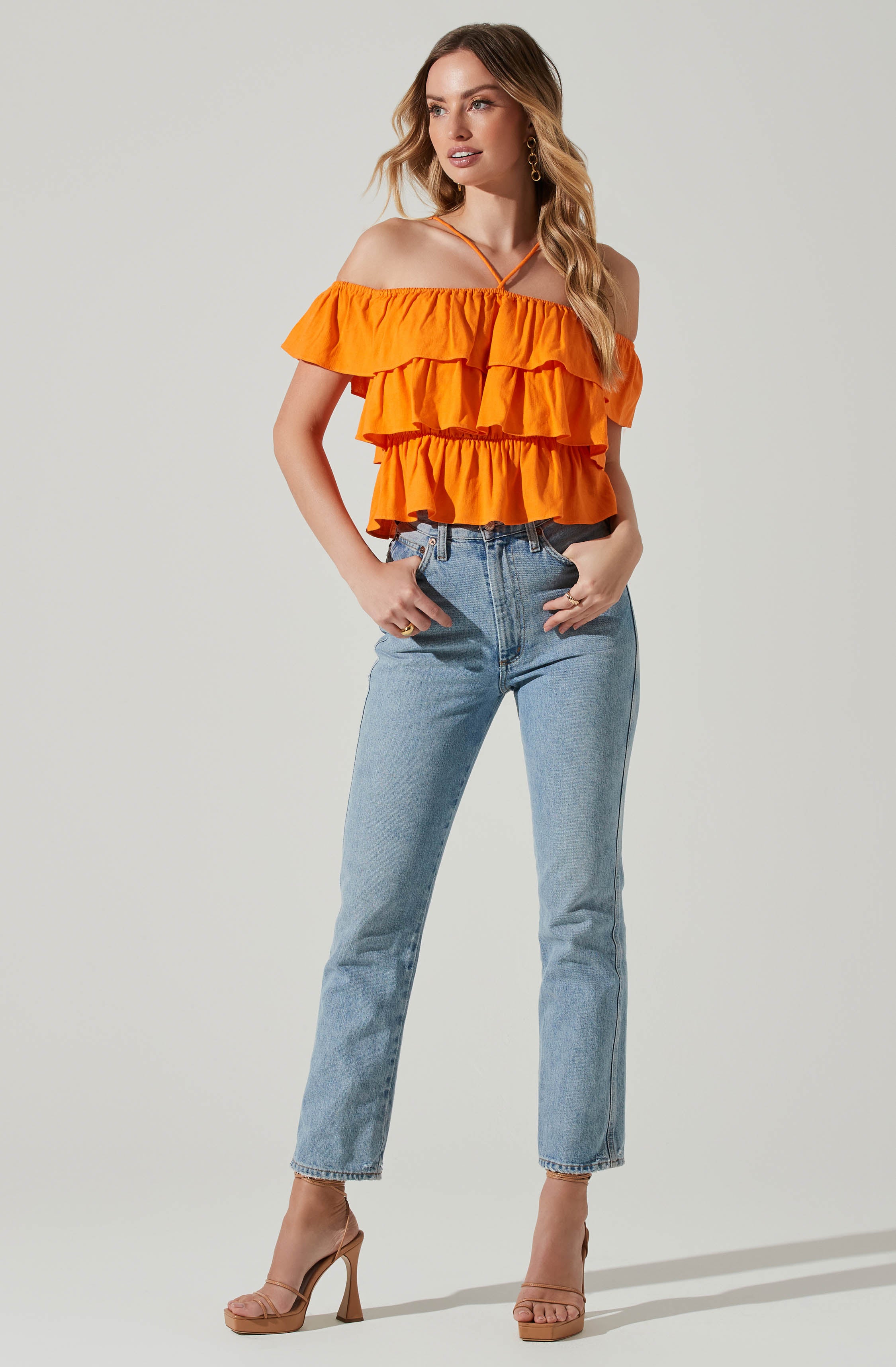Orange Off-Shoulder Crop Blouses/Bralette - Style your holiday look with this trendy piece. It emphasizes an off shoulder neckline that has a fun, flirty vibe to it.