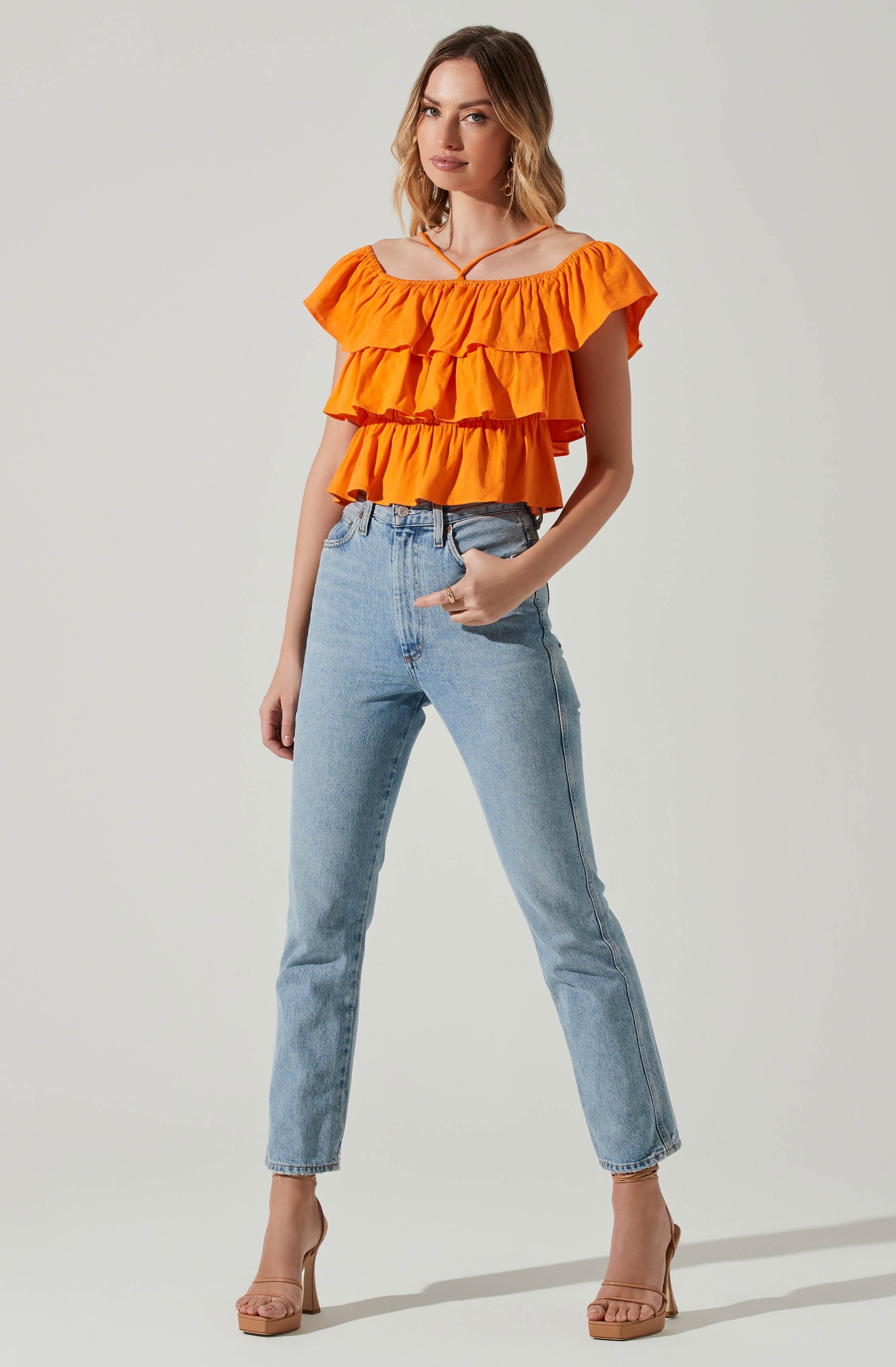 Orange Off-Shoulder Crop Blouses/Bralette - Style your holiday look with this trendy piece. It emphasizes an off shoulder neckline that has a fun, flirty vibe to it.