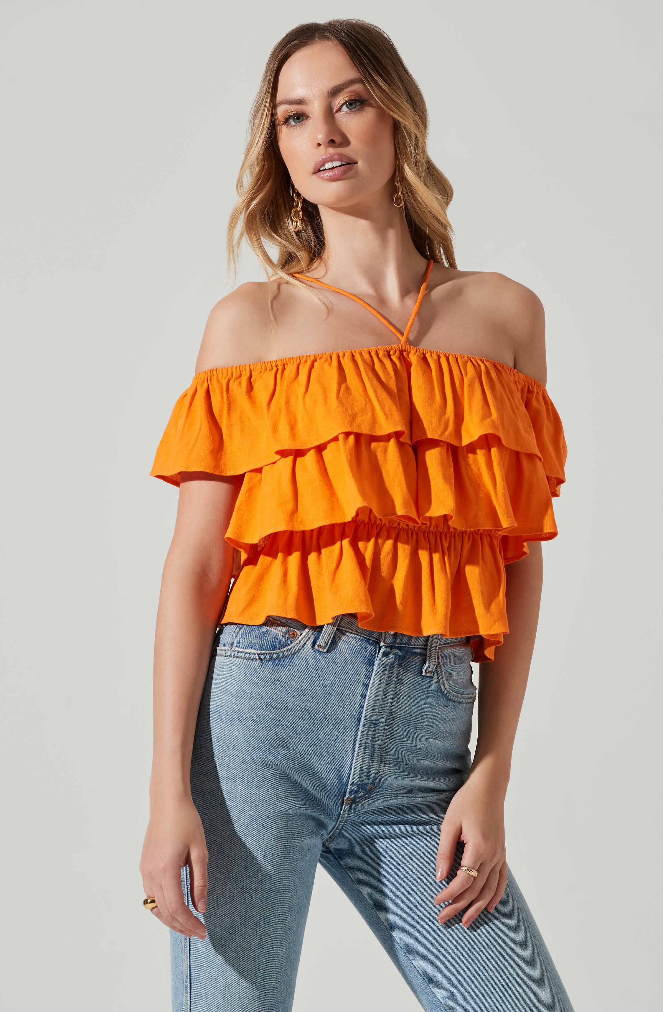 Orange Off-Shoulder Crop Blouses/Bralette - Style your holiday look with this trendy piece. It emphasizes an off shoulder neckline that has a fun, flirty vibe to it.