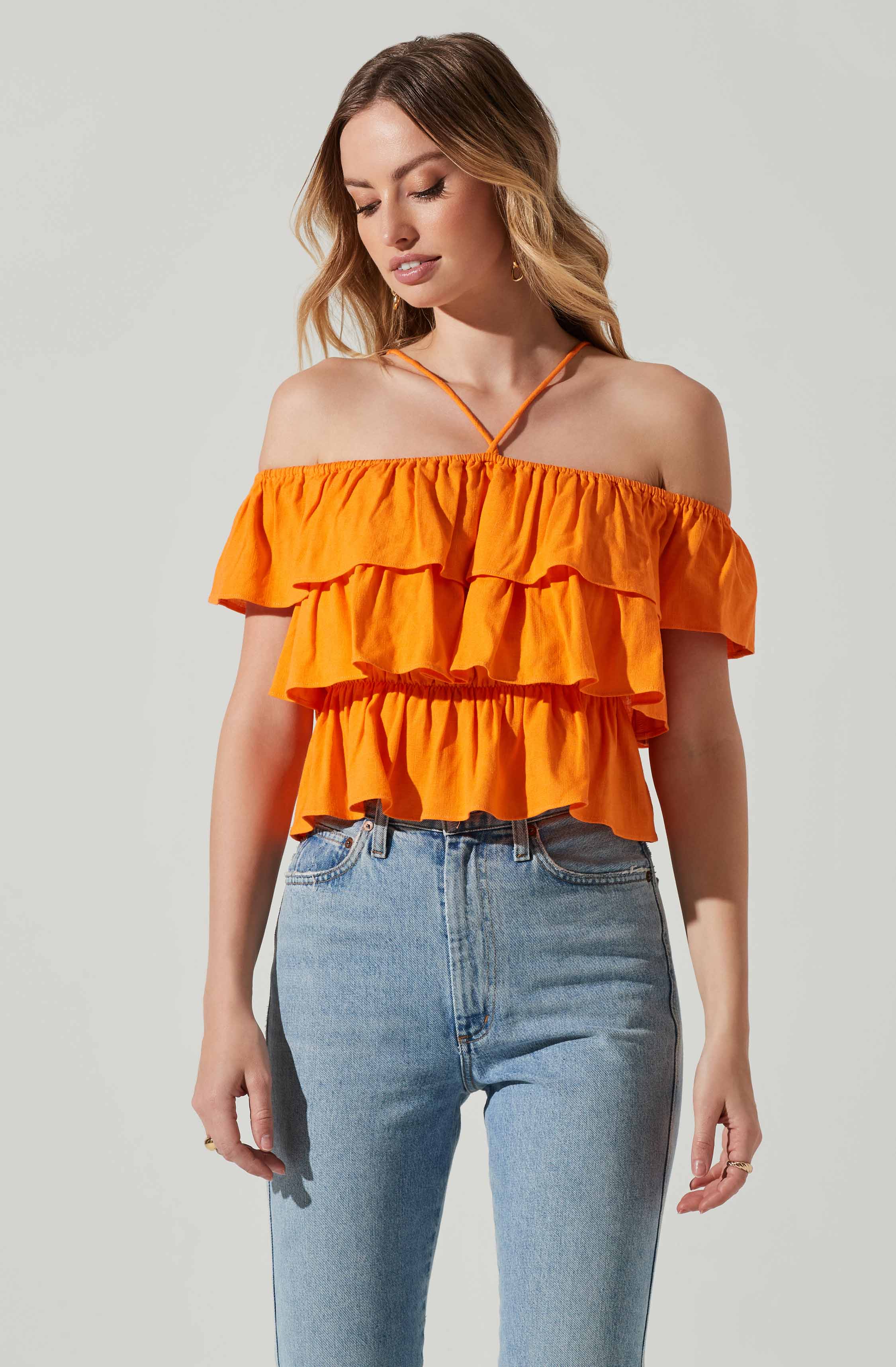 Orange Off-Shoulder Crop Blouses/Bralette - Style your holiday look with this trendy piece. It emphasizes an off shoulder neckline that has a fun, flirty vibe to it.
