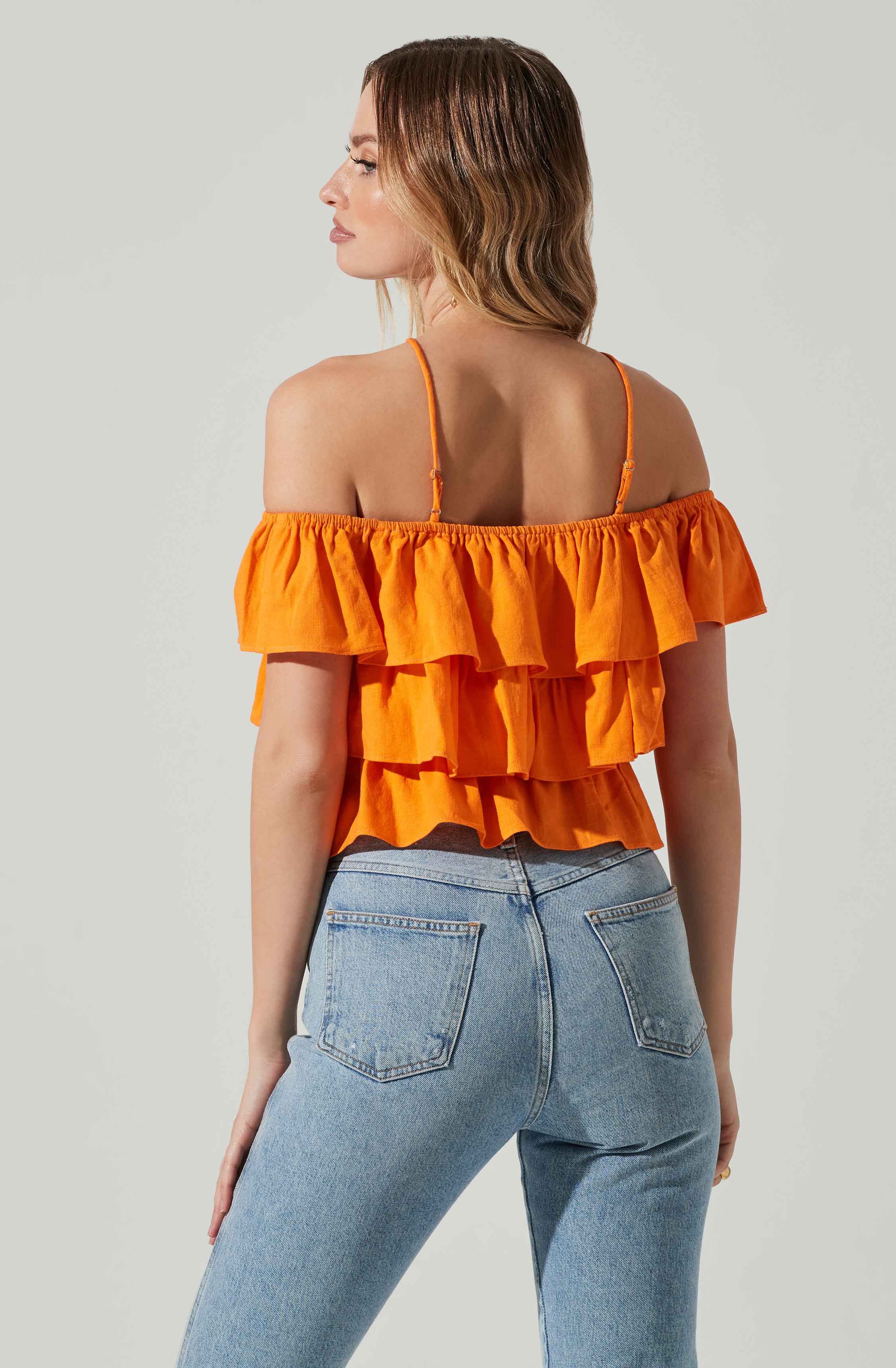 Orange Off-Shoulder Crop Blouses/Bralette - Style your holiday look with this trendy piece. It emphasizes an off shoulder neckline that has a fun, flirty vibe to it.